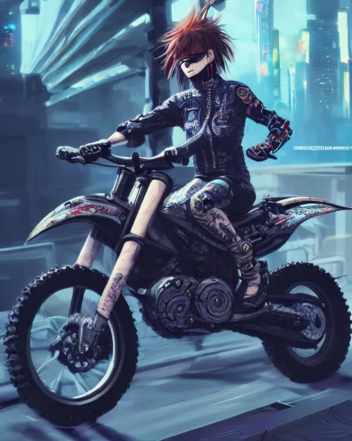 Prompt: cool girl wearing cyberpunk intricate streetwear riding dirt bike, beautiful, detailed portrait, cell shaded, 4 k, concept art, by wlop, ilya kuvshinov, artgerm, krenz cushart, greg rutkowski, pixiv. cinematic dramatic atmosphere, sharp focus, volumetric lighting, cinematic lighting, studio quality