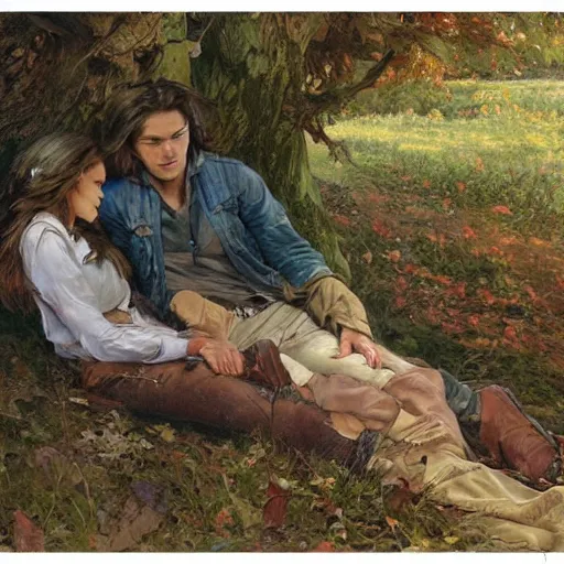 Image similar to young man and woman with long brown hair, laying under a tree looking at clouds autumn, ( ( ( wearing jeans ) ) ), by stanley artgerm lau, greg rutkowski, thomas kindkade, alphonse mucha, loish, norman rockwell