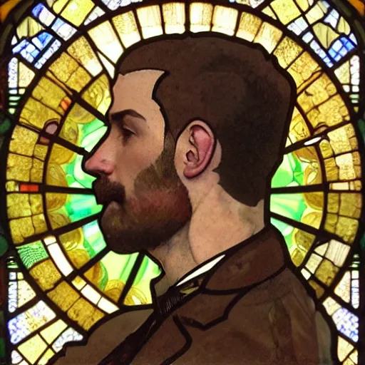 Prompt: detailed portrait of gaunter o'dimm, profile view, side view, lebanese man, 4 5 years old, brown coat, shaved head, slight stubble, stained glass art, by alphonse mucha, brown mosaic background, very masterful, no artifacts