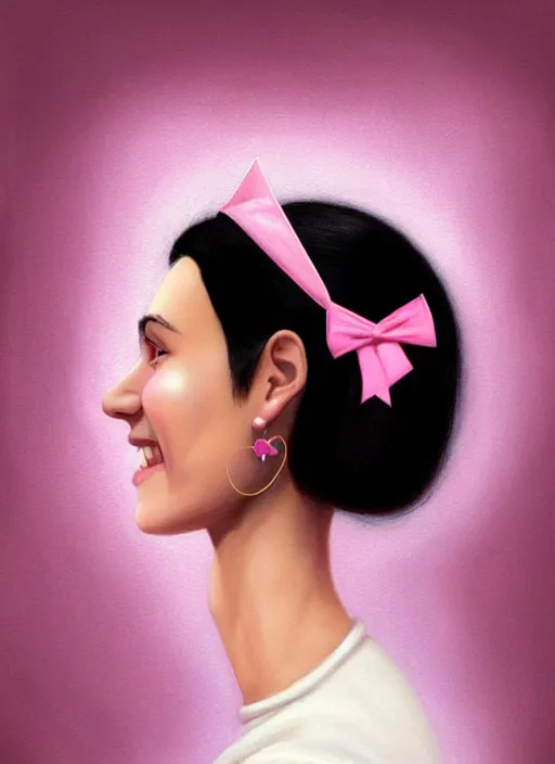 Image similar to portrait of high school girl, realistic, black hair, bangs, half updo hairstyle, pointy nose, skinny, smile, ugly, defined jawline, big chin, pink hair bow, earrings, intricate, elegant, glowing lights, highly detailed, digital painting, artstation, sharp focus, illustration, art by wlop, mars ravelo and greg rutkowski