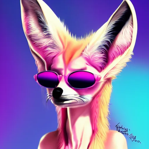 Prompt: Fennec fox, pink and blue mohawk hairstyle, aviator sunglasses, synthwave style, artstation, detailed, award winning, furry, award winning