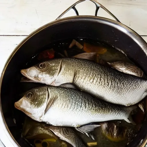 Prompt: a fish on the top of a pile of fish, inside a cooking pot