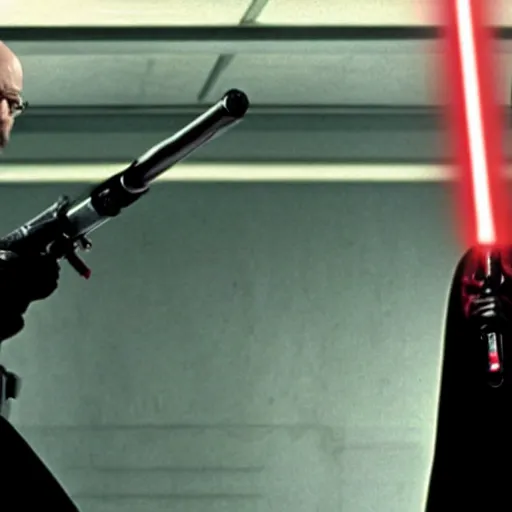 Prompt: Walter White holding a red light saber, dueling against Darth Vader who is also holding a lightsaber, movie still from Star Wars