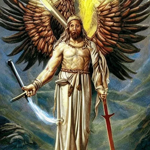 Image similar to an awe inspiring photo of a biblically accurate seraphim, holding a giant, rotatingz flaming sword, guarding the entrance to garden of eden.