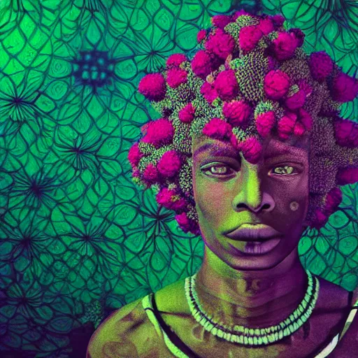 Prompt: symmetry!!, an african marijuanna shaman with an afro made of flowers, third eye art art by machina infinitum, complexity from simplicity, rendered in octane, mandelbulb 3 d, ambient occlusion, macro photography, felt!!! texture, tribal, neon! retrowave