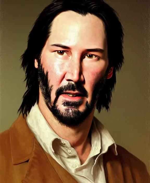 Image similar to portrait of keanu reeves as a kentucky farmhand, art by denys tsiperko and bogdan rezunenko and george caleb bingham, hyperrealism