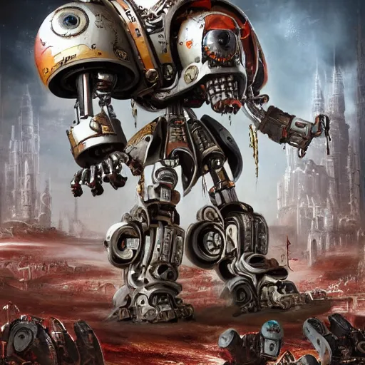 Image similar to An old robot with a skull on its head, servitor, warhammer 40k, adeptus mechanicus, realistic 4k octane beautifully detailed render, 4k post-processing, highly detailed, intricate complexity, epic composition, magical atmosphere, cinematic lighting, masterpiece, ultra hd