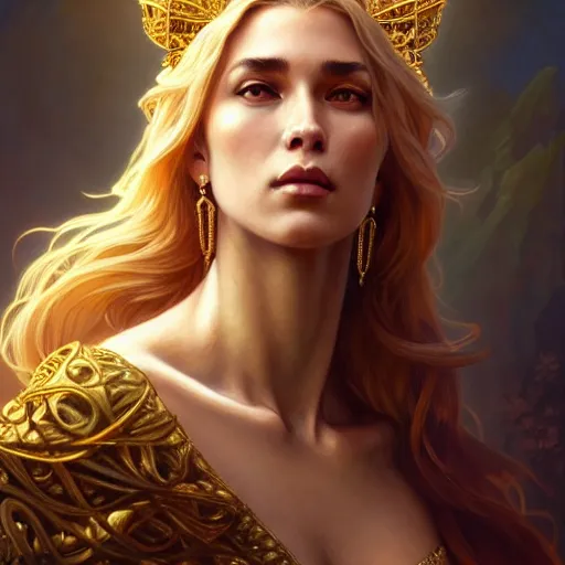 Image similar to majestic lioness queen as a beautiful woman. d & d, portrait, highly detailed, digital painting, trending on artstation, intricate details, energetic mood, golden ratio composition, concept art, sharp focus, illustration, art by artgerm and greg rutkowski and alphonse mucha and magali villeneuve, 8 k, 4 k,