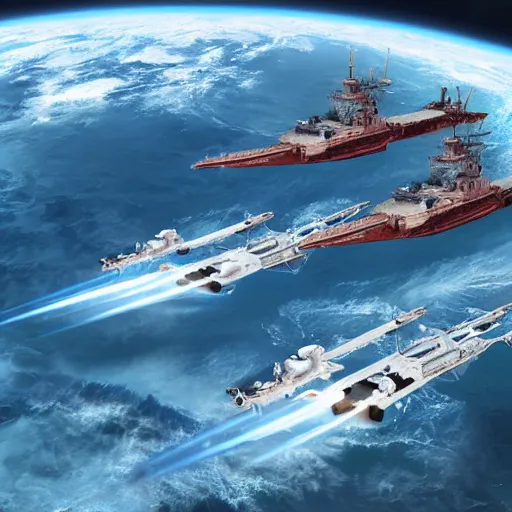 photo realistic attack space warships preparing to