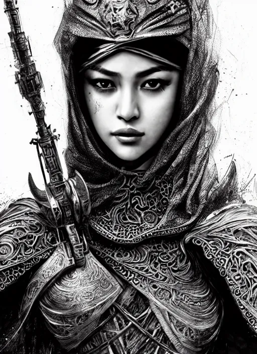 Prompt: glamorous portrait of liza soberano as khawla bint al - azwar wearing battle armor looking for camera, fantastically fierce, desaturated colors, pen and ink, intricate line drawings, by craig mullins, ruan jia, kentaro miura, greg rutkowski, loundraw