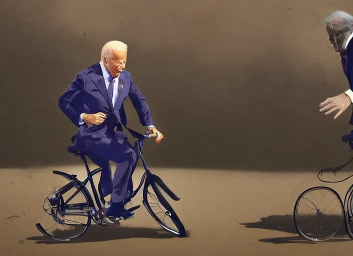 Image similar to cinematic artwork of joe biden falling off a bicycle, artwork by rutowski, realistic, 4 k, masterpiece