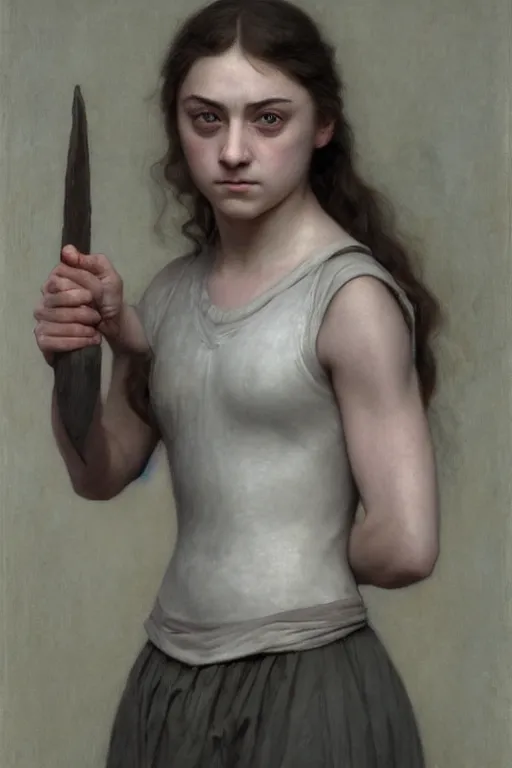 Image similar to portrait of arya stark as a beautiful athletic pale girl, hd, realistic, bouguereau