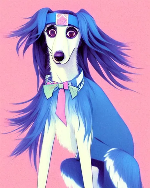 Prompt: cute borzoi anthro wearing a blue ribbon, city background, very anime!!! kawaii!! intricate details, aesthetically pleasing pastel colors, scenic background, art by conrad roset and ilya kuvshinov. trending on deviantartstation