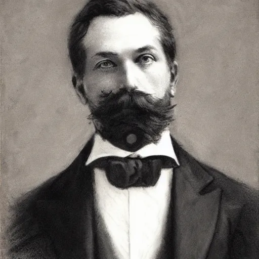 Image similar to portrait of an action hero, suit, bow tie, mustache, by alfred stevens in charcoal