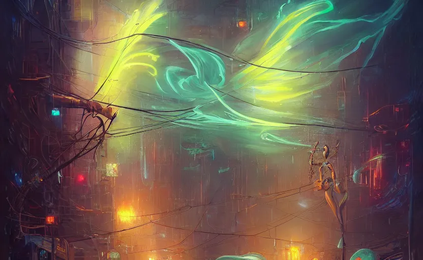 Prompt: A detailed painting of a mystical shadow creature drifting through the neon wires of the astral plane dimension. By Peter Mohrbacher Alena Aenami and Peter Gric and Dan Mumford, Trending on Artstation, bizmuth.