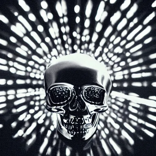 Image similar to a low poly disco skull full of long spikes, reflecting light in a nightclub, grainy film photograph