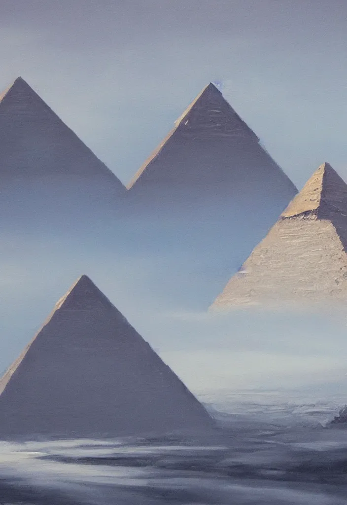 Image similar to the pyramids of egypt covered in snow, oil on canvas, fantasy, trending on artstation, digital art.