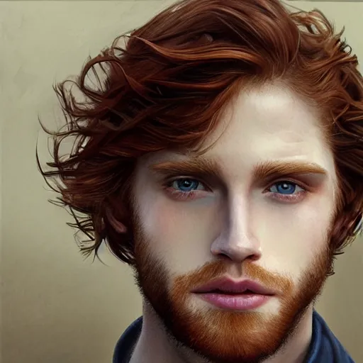 Image similar to 2 4 - year - old man, masculine face, square jaw, ginger hair, dark blue eyes, hyper realistic face, beautiful eyes, highly detailed, digital painting, smooth, sharp, beautiful face, expressive eyes, long fluffy wavy ginger hair, art by greg rutkowski and alex gray