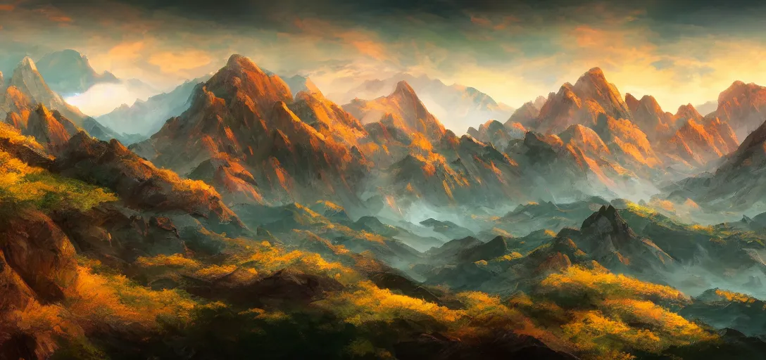 Image similar to vast mountain landscape, craggy mountains, magic the gathering, three - colors, three - color color palette, panoramic, wide angle, horizon, 4 k