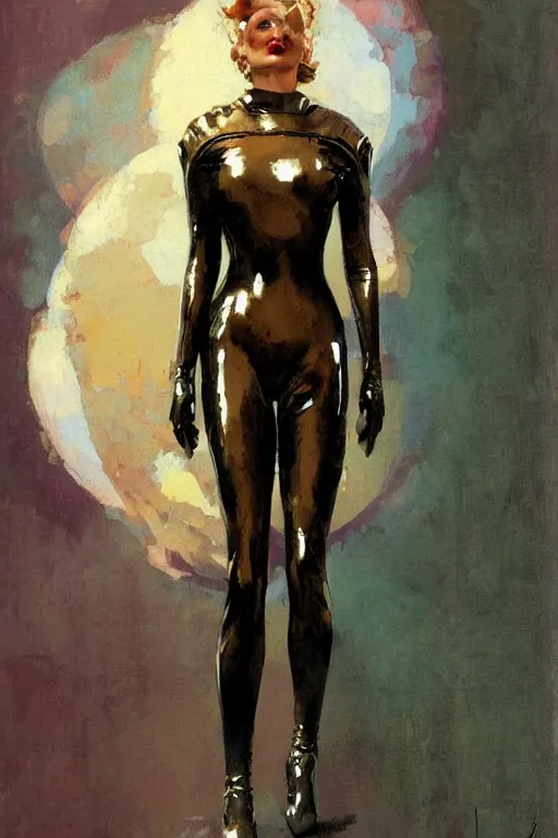 Prompt: pulp scifi fantasy illustration full body portrait of elegant woman wearing latex spacesuit, by norman rockwell, jack kirby, bergey, craig mullins, ruan jia, jeremy mann, tom lovell, 5 0 s, astounding stories, fantasy