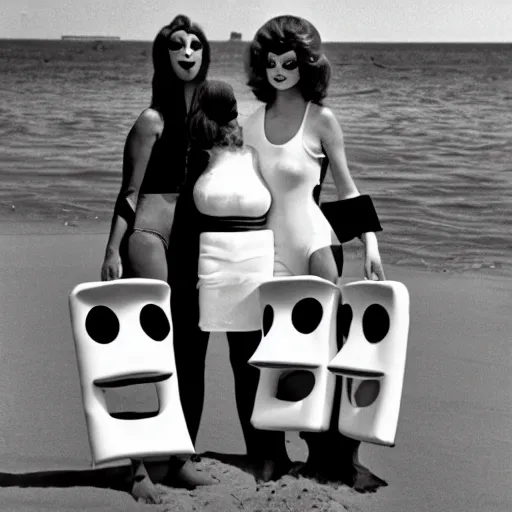 Image similar to 1979 twin women on tv show wearing an inflatable mask long prosthetic snout nose with googly eyes, soft color wearing a swimsuit at the beach 1979 color film 16mm holding a hand puppet Fellini John Waters Russ Meyer Doris Wishman old photo