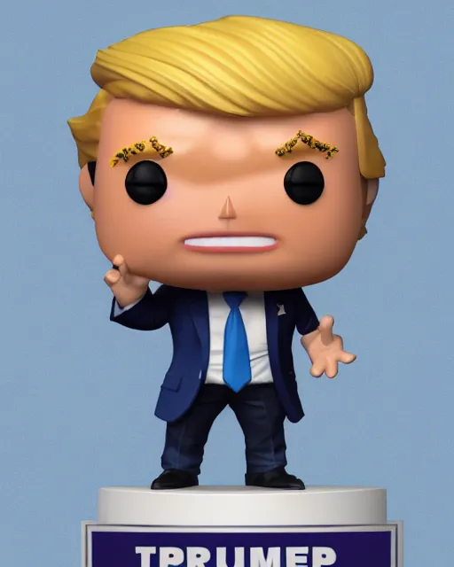 Image similar to funko pop full body 3d render of donald trump as a funko pop, studio lighting, white background, blender, trending on artstation, 8k, highly detailed