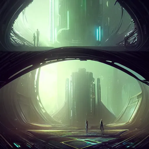 Image similar to a circular portal structure in the centre of an abandoned and overgrown alien city, beautiful curves, sci - fi, fantasy, golden ratio, epic lighting, unusual composition, messy brush strokes, very detailed, 4 k, in the style of blade runner and peter mohrbacher, ominous vibes, harsh lighting