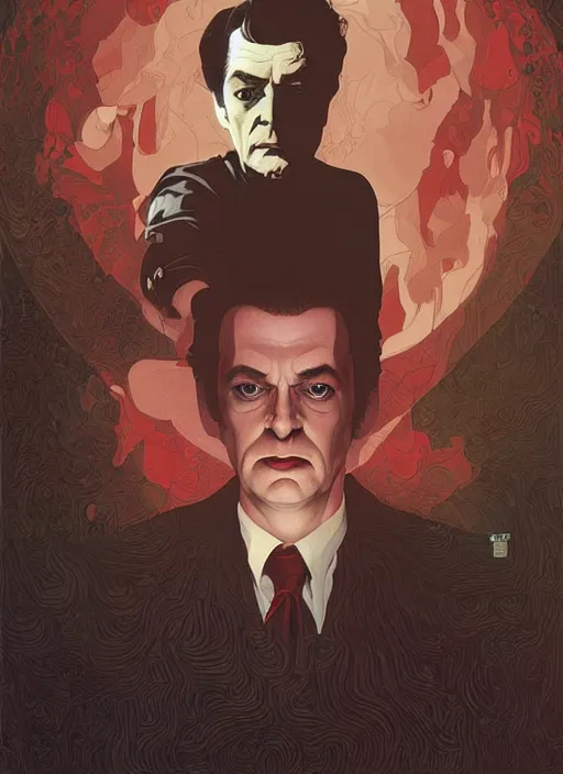 Prompt: poster artwork by Michael Whelan and Tomer Hanuka, Karol Bak of portrait of Stanley Kubrick, from scene from Twin Peaks, clean