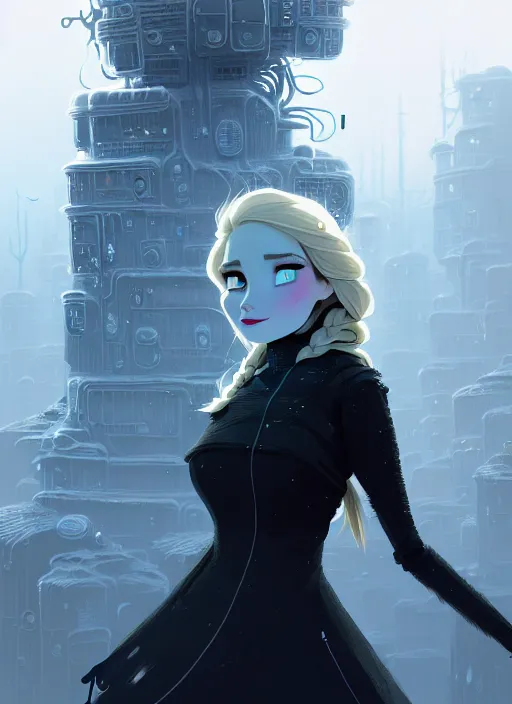 Image similar to highly detailed portrait of a hopeful frostpunk long blonde hair lady with curvy short black dress, stray wiring by atey ghailan, james gilleard, by joe fenton, by greg rutkowski, by greg tocchini, by kaethe butcher, 4 k resolution, gradient blue, black and white color scheme!!! ( ( frozen robotic dystopian city background ) )