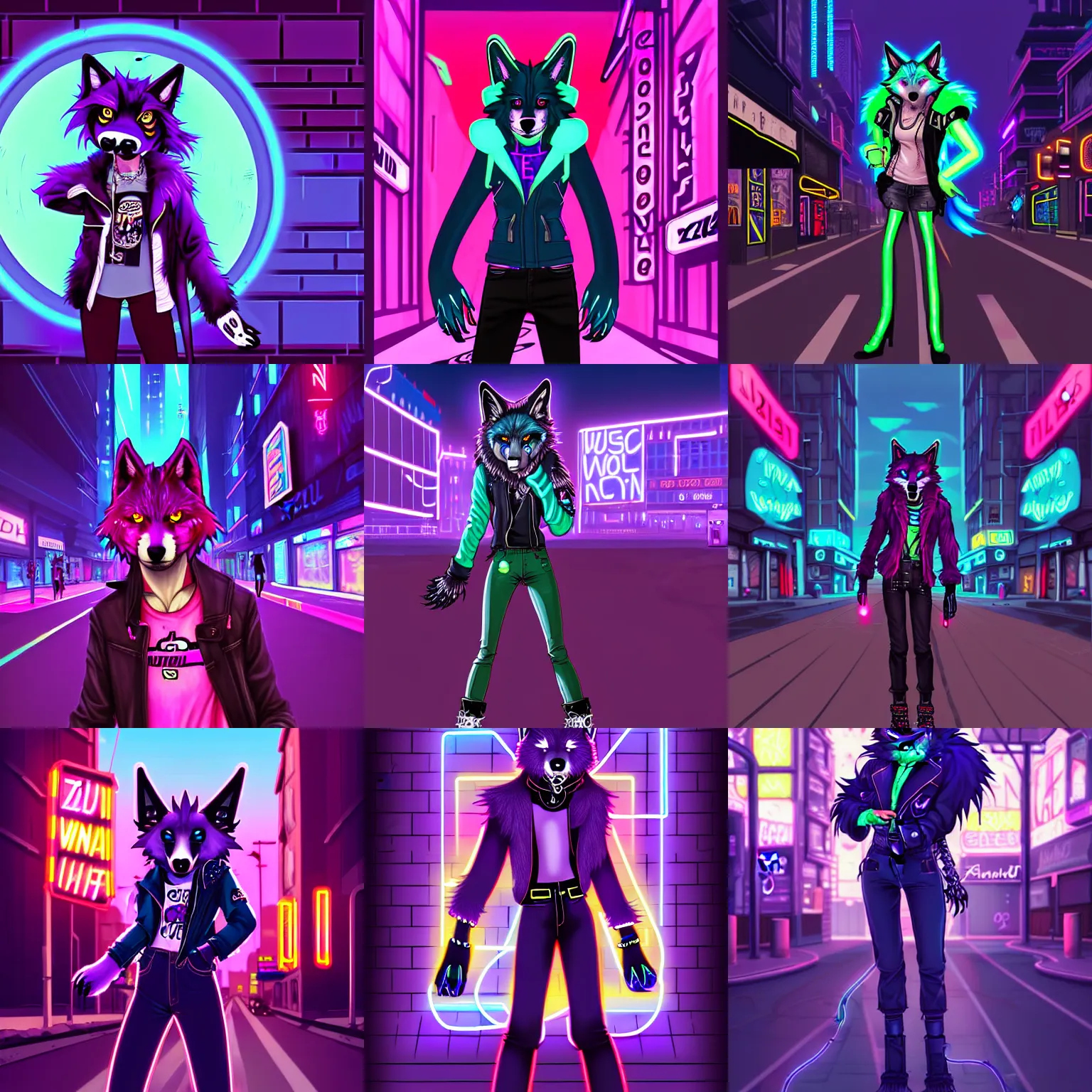 Prompt: beautiful furry digital art portrait commission of an androgynous furry anthro wolf fursona wearing punk clothes in the streets of a cyberpunk city. neon signs. character design by skeleion, thanshuhai, zaush, imalou, tessgarman, artgerm, makoto shinkai, fa, furraffinity