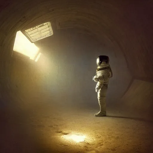 Prompt: astronaut exploring the inside of an old derelict spaceship with dramatic lighting by William Adolphe Bouguereau