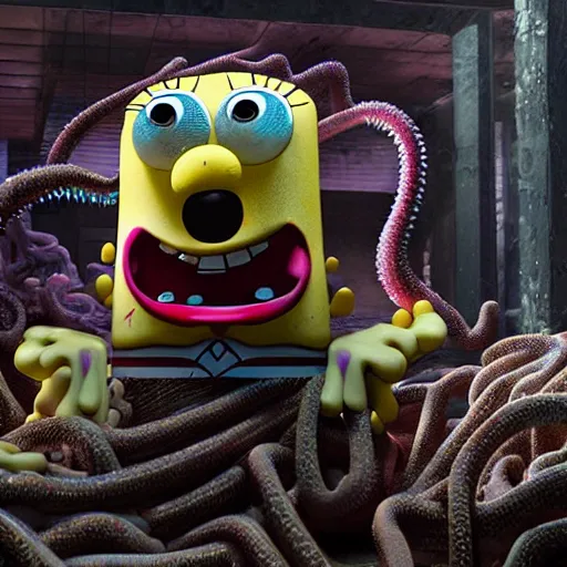 Prompt: demented creepy spongebob staring into your soul with realistic tentacles in the background, scary, rendered in blender, horror, gloomy, dark, terrifying, terror, frightful, super detailed octane render ran in blender optimized,