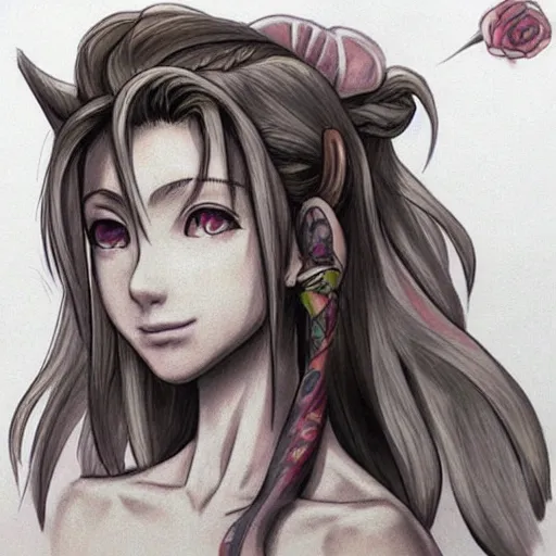 Prompt: concept art of aerith gainsborough with tattoos, trending on artstation