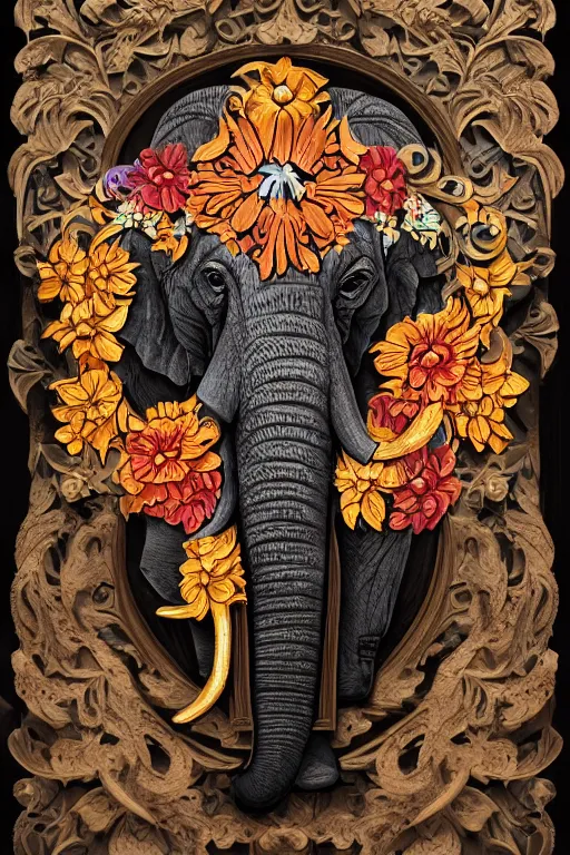 Prompt: Painted dark-wood panel relief carving of a Flowerpunk Matriarch Elephant, ornate border frame, explosion of colorful flowers, dark wood, intricately carved, black ink, festival of rich colors, intricate details, cinematic lighting, volumetric lighting, post-processing, by andreas rocha and john howe, and Martin Johnson Heade, featured on artstation, featured on behance, golden ratio, hyper detailed, photorealistic, epic composition, center spotlight, f32, well composed, UE5, 8k