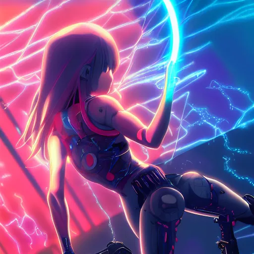 Image similar to digital anime!!, cyborg - girl standing in a azure blue crystal lake, lightning, raining!!, water refractions!!, black red long hair!, biomechanical details, neon background lighting, reflections, wlop, ilya kuvshinov, artgerm