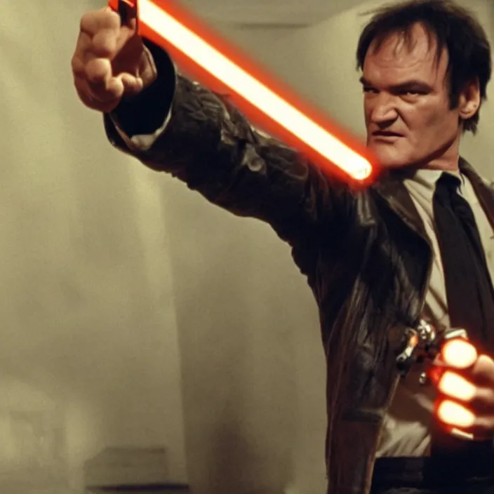 Prompt: quentin tarantino giving upvote with a lightsaber, giving thumbs up. without characters. black background. cinematic trailer format.