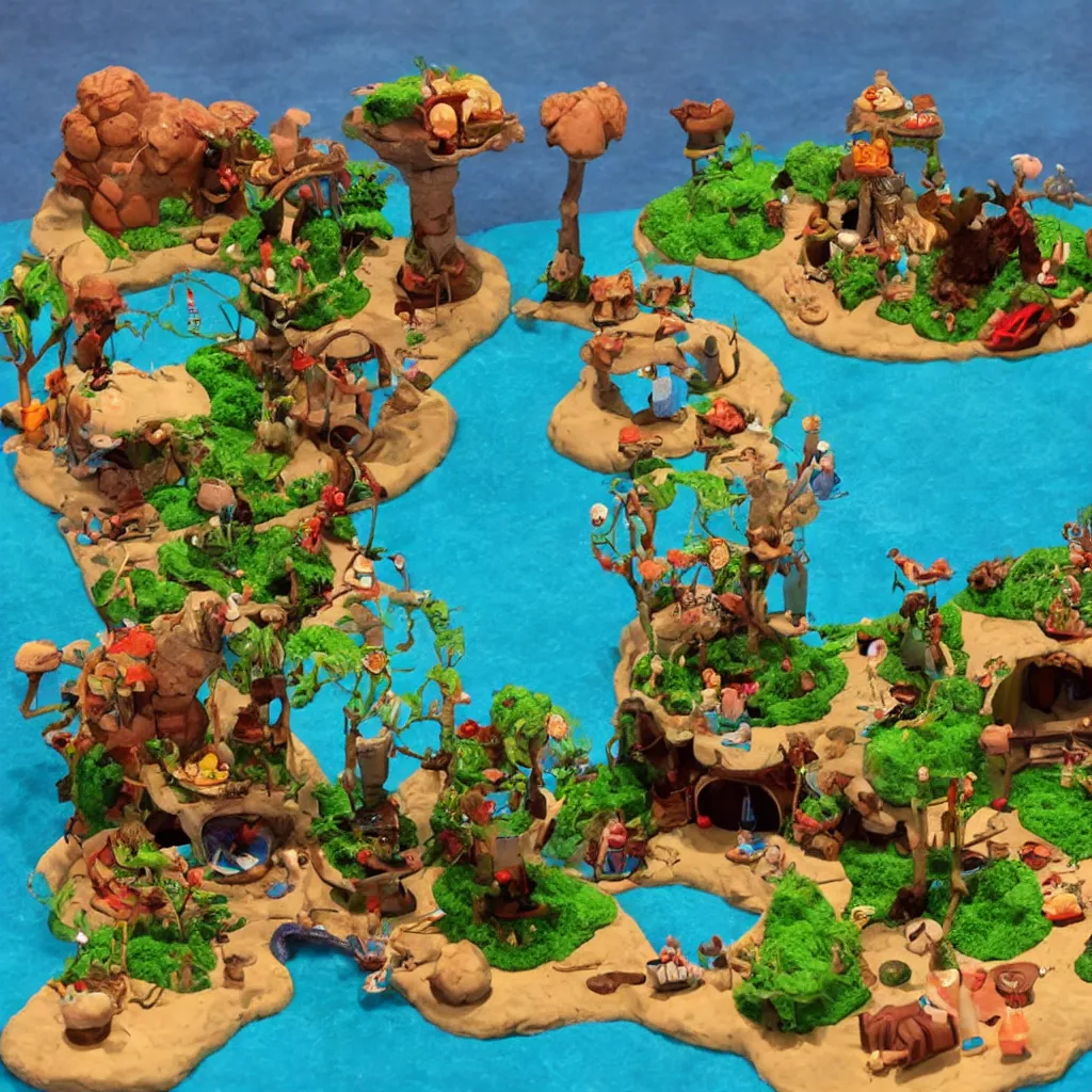 Image similar to claymation island resort, long shot