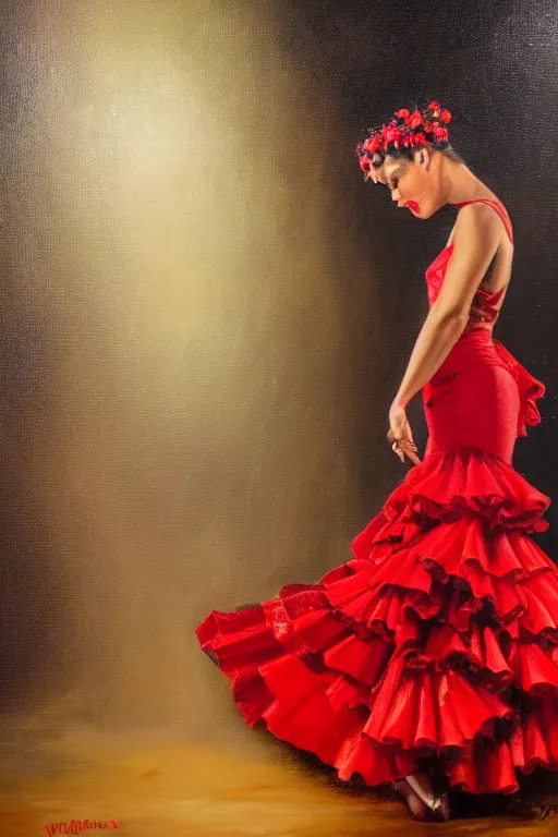 Image similar to vintage detailed oil painting of spanish flamenco dancer in mallorca wearing a red dress made of flowers, dress on fire, dimly lit by candles on the ground, looking away, dark shadows, photo realistic, extreme detail skin, no filter, slr, 4 k, high definition