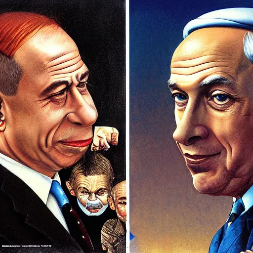 Prompt: absurdist art of benjamin netanyahu, by michael cheval and norman rockwell