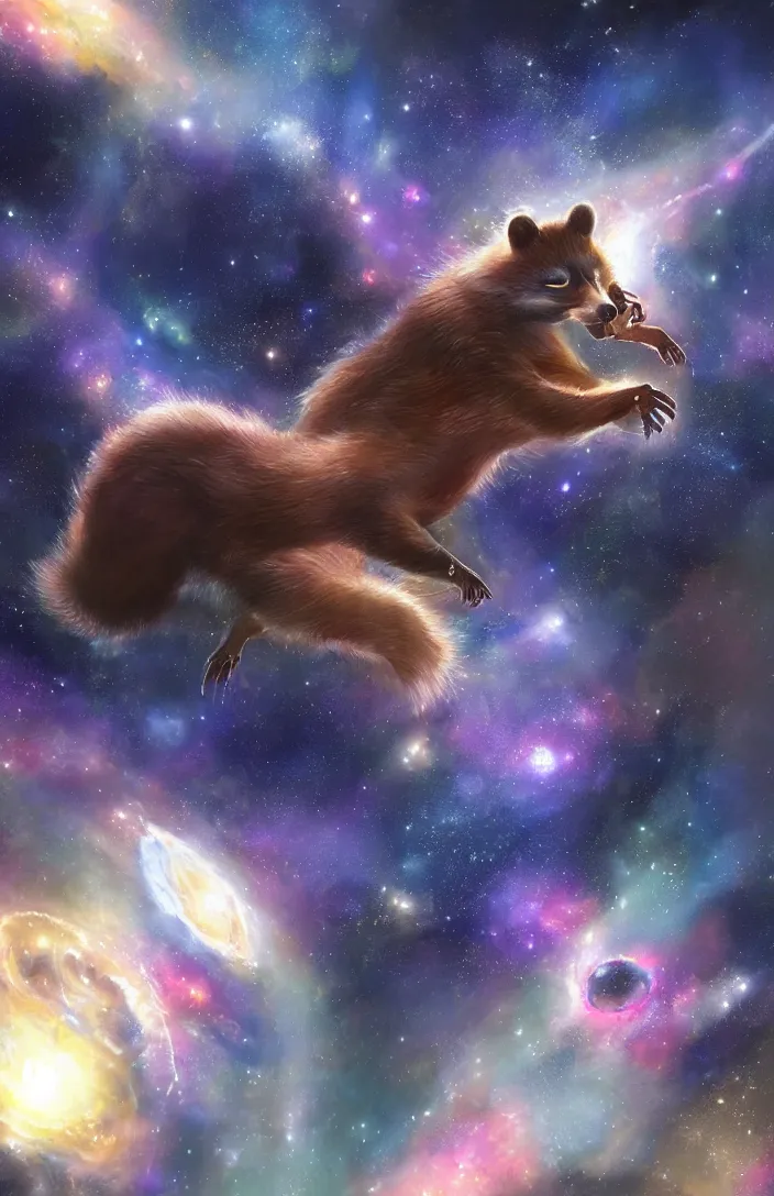 Image similar to A digital concept art painting a space cosmic racoon in the stars, space art concept