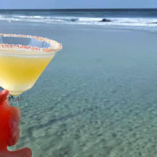 Prompt: Princess Peach sipping on a cocktail on the beach. The cocktail glass is a half coconut.