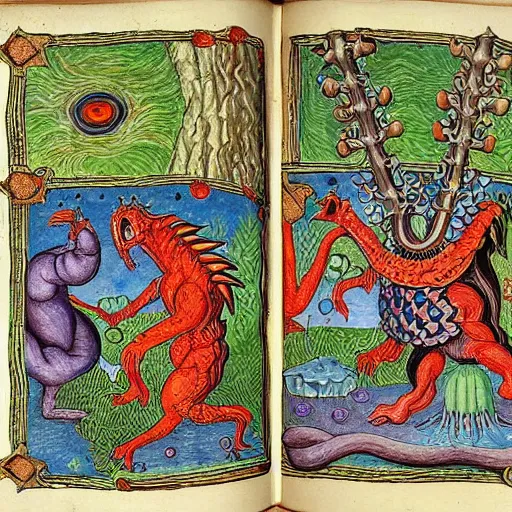 Prompt: medieval bestiary of repressed emotion monsters and creatures starting a fiery revolution in the psyche, in the style of COdex Seraphinianus