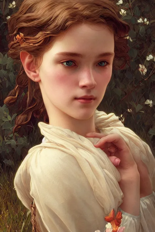 Image similar to beautiful cottagecore young peasant maiden, innocent, intricate, elegant, highly detailed, digital painting, artstation, concept art, smooth, sharp focus, illustration, art by artgerm and greg rutkowski and alphonse mucha