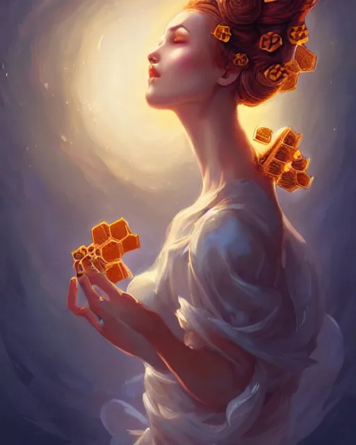 Prompt: Beautiful woman with honeycomb up-do hairstyle, swirling honey flowers, radiant light, illustrated portrait by peter mohrbacher and artgerm