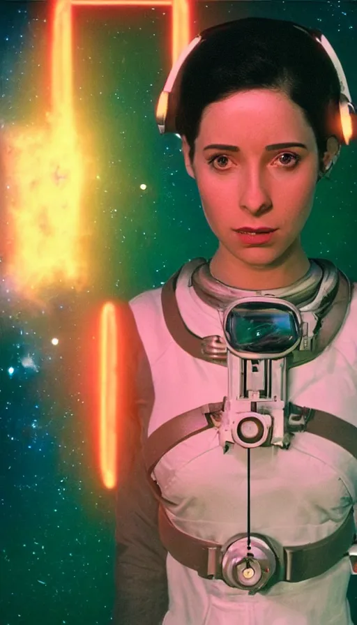 Prompt: Cinestill 50d, 8K, 35mm,J.J Abrams flare; beautiful ultra realistic vaporwave minimalistic shri yantra pilot in space(1950) film still medical bay scene, 2000s frontiers in blade runner retrofuturism fashion magazine September hyperrealism holly herndon edition, highly detailed, extreme closeup three-quarter pointé posed model portrait, tilt shift LaGrange point orbit background, three point perspective: focus on anti-g flight suit;pointé pose;open mouth,terrified, eye contact, soft lighting