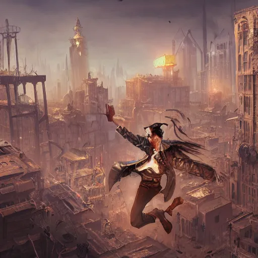 Prompt: Thief running and jumping on the rooftops of a bustling steampunk city in the desert with a towering building made of scraps seen in the distance, digital painting, highly detailed, dynamic, concept art, game art, artstation