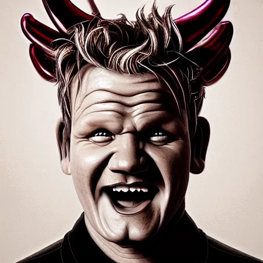 Image similar to photorealistic gordon ramsay with devil horns in the style of michael whelan. hyperdetailed photorealism, 1 0 8 megapixels, amazing depth, high resolution, 3 d shading, 3 d finalrender, 3 d cinematic lighting, glowing rich colors, psychedelic overtones, artstation concept art.