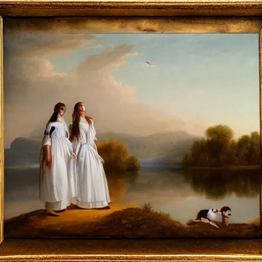 Image similar to two beautiful girls wearing white dresses beautiful faces a dog john martin landscape lake evening