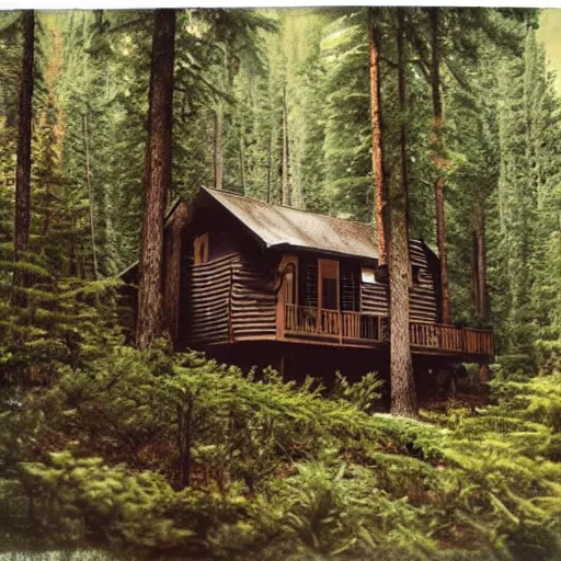 Image similar to cabin in the woods, pine trees, hyper realistic, national geographic cover, photograph, f 8. 0, 3 2 mm, polaroid