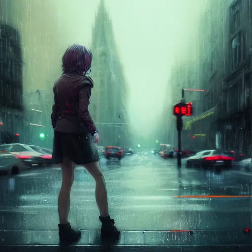 Image similar to detailed intricate digital illustration by greg rutkowski and artgerm and wlop and sanford robinson gifford ; girl standing in windy rainy city street, long exposure light streaks from car lights ; 1 3 mm film, arri alfa anamorphic lens ; sharp focus ; trending on artstation 8 k close view